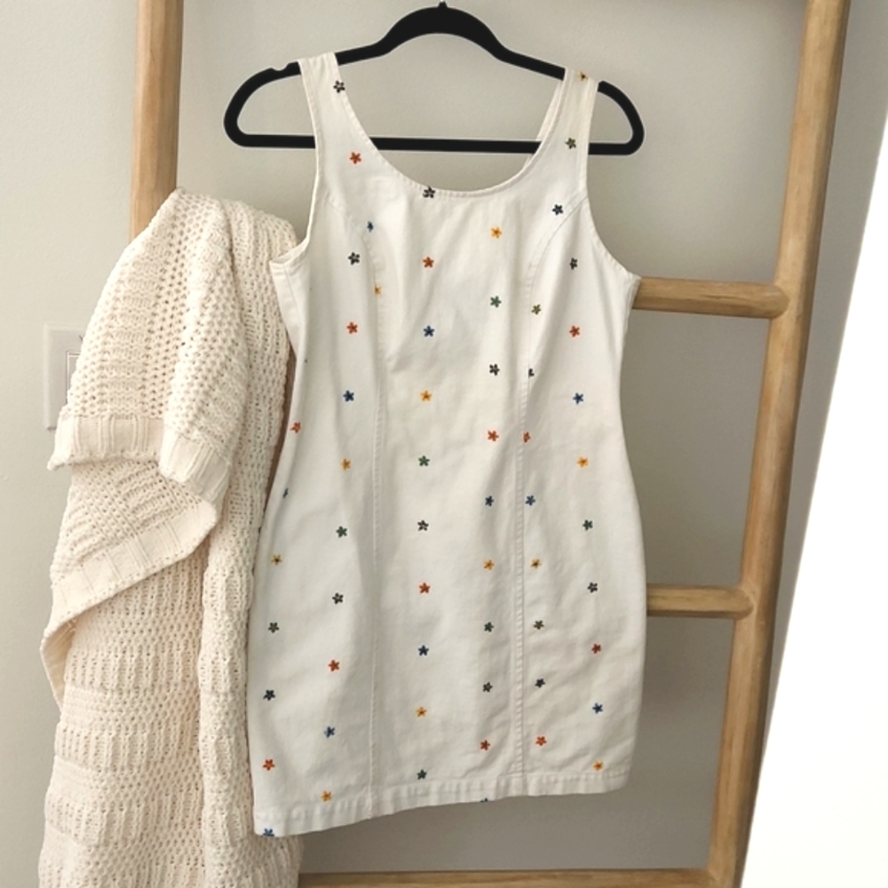 Vintage 90s California Concepts White Denim Embroidered Dress